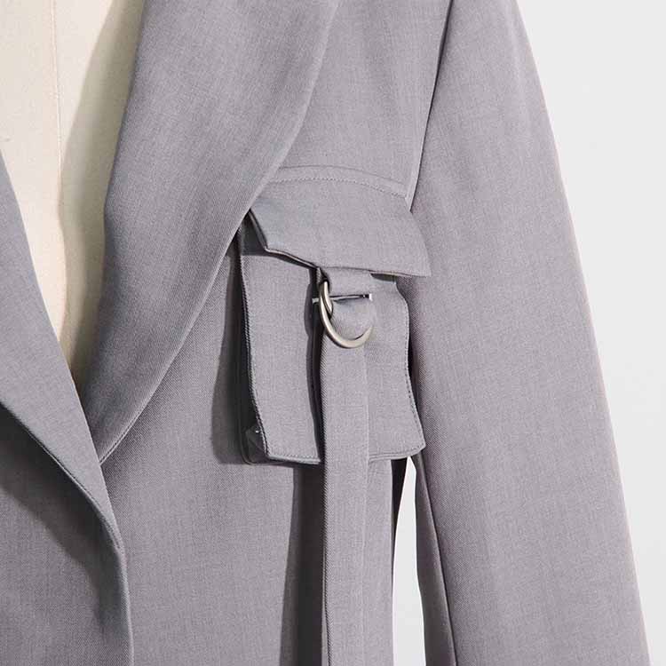 Pockets Grey Long Sleeves Embellished Coat Long Outwear Jacket
