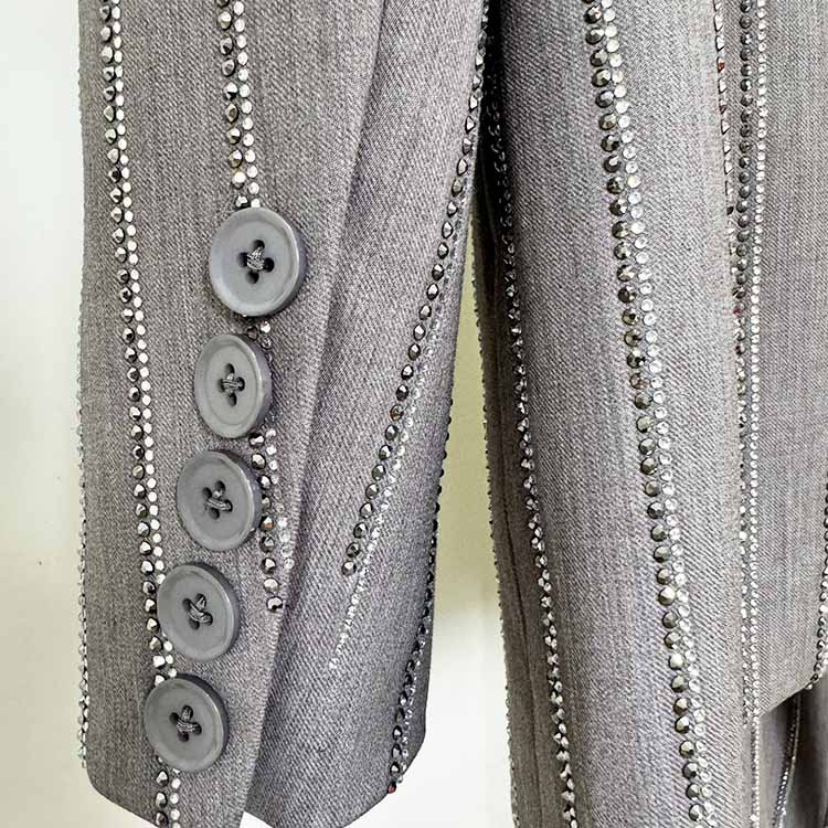 Grey Beaded Stripe Embellished Pantsuit Double Breasted Wide Length Women Suit