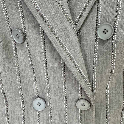 Grey Beaded Stripe Embellished Pantsuit Double Breasted Wide Length Women Suit
