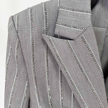 Grey Beaded Stripe Embellished Pantsuit Double Breasted Wide Length Women Suit