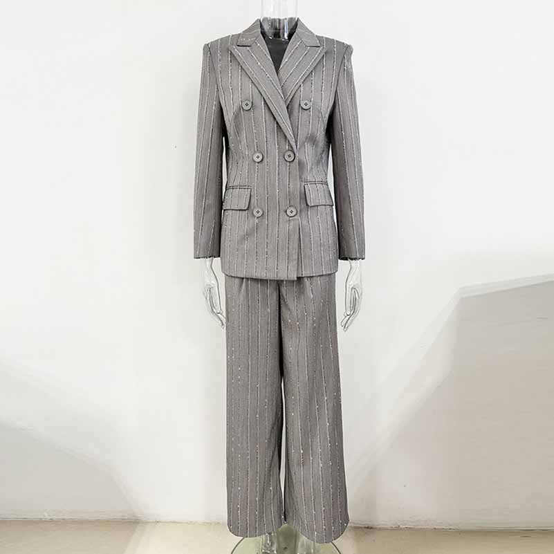 Grey Beaded Stripe Embellished Pantsuit Double Breasted Wide Length Women Suit