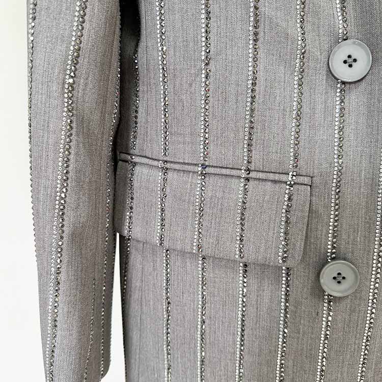 Grey Beaded Stripe Embellished Pantsuit Double Breasted Wide Length Women Suit