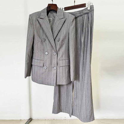 Grey Beaded Stripe Embellished Pantsuit Double Breasted Wide Length Women Suit