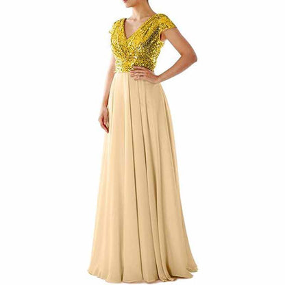 Sequined Bridesmaid Dress Cap Sleeved High Waisted Long Chiffon Prom Dress
