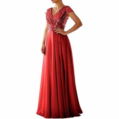 Sequined Bridesmaid Dress Cap Sleeved High Waisted Long Chiffon Prom Dress