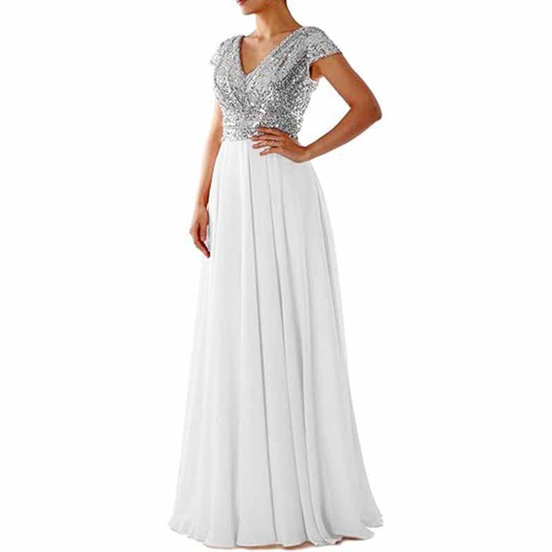 Sequined Bridesmaid Dress Cap Sleeved High Waisted Long Chiffon Prom Dress