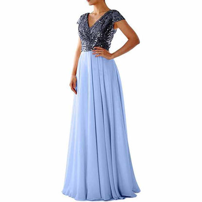 Sequined Bridesmaid Dress Cap Sleeved High Waisted Long Chiffon Prom Dress