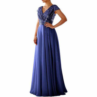 Sequined Bridesmaid Dress Cap Sleeved High Waisted Long Chiffon Prom Dress