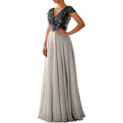 Sequined Bridesmaid Dress Cap Sleeved High Waisted Long Chiffon Prom Dress