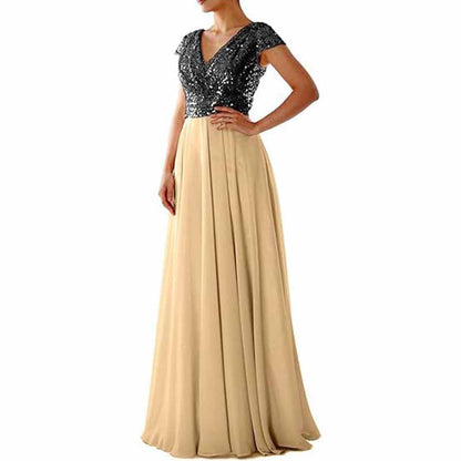 Sequined Bridesmaid Dress Cap Sleeved High Waisted Long Chiffon Prom Dress