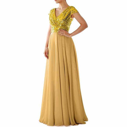 Sequined Bridesmaid Dress Cap Sleeved High Waisted Long Chiffon Prom Dress