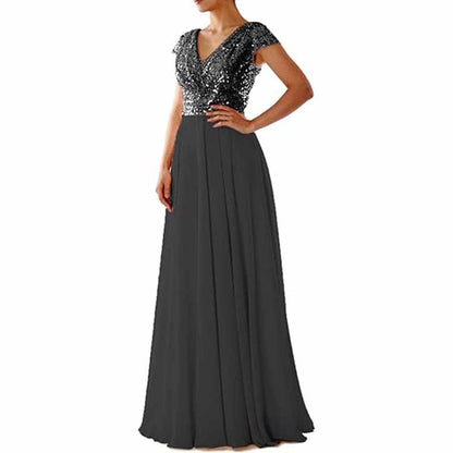 Sequined Bridesmaid Dress Cap Sleeved High Waisted Long Chiffon Prom Dress