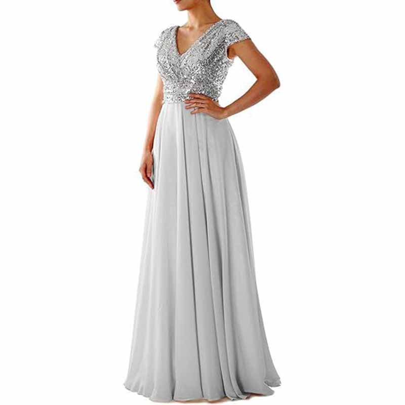 Sequined Bridesmaid Dress Cap Sleeved High Waisted Long Chiffon Prom Dress