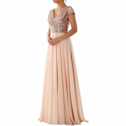 Sequined Bridesmaid Dress Cap Sleeved High Waisted Long Chiffon Prom Dress