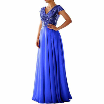 Sequined Bridesmaid Dress Cap Sleeved High Waisted Long Chiffon Prom Dress