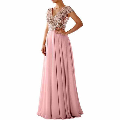 Sequined Bridesmaid Dress Cap Sleeved High Waisted Long Chiffon Prom Dress