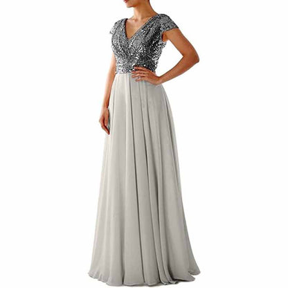 Sequined Bridesmaid Dress Cap Sleeved High Waisted Long Chiffon Prom Dress