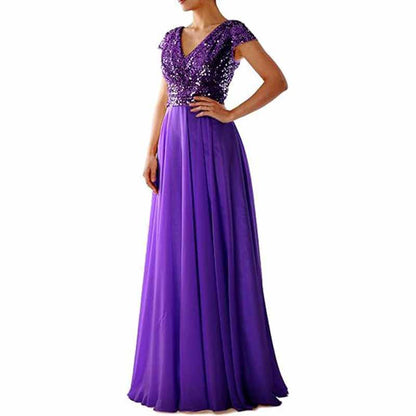 Sequined Bridesmaid Dress Cap Sleeved High Waisted Long Chiffon Prom Dress