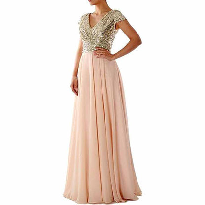 Sequined Bridesmaid Dress Cap Sleeved High Waisted Long Chiffon Prom Dress