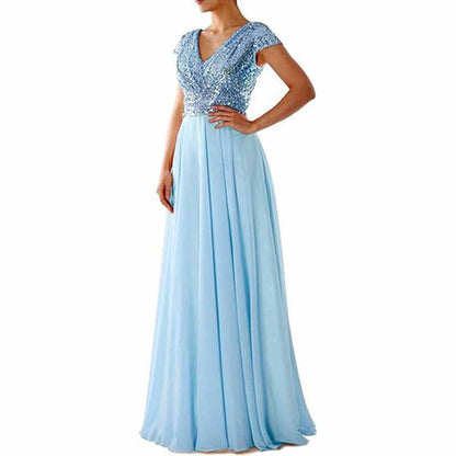 Sequined Bridesmaid Dress Cap Sleeved High Waisted Long Chiffon Prom Dress