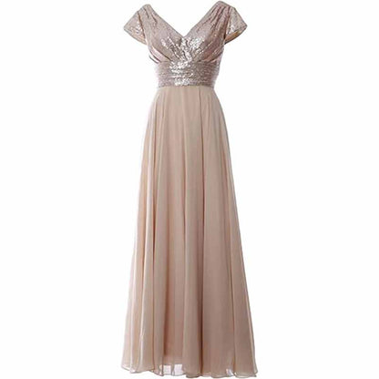 Sequined Bridesmaid Dress Cap Sleeved High Waisted Long Chiffon Prom Dress