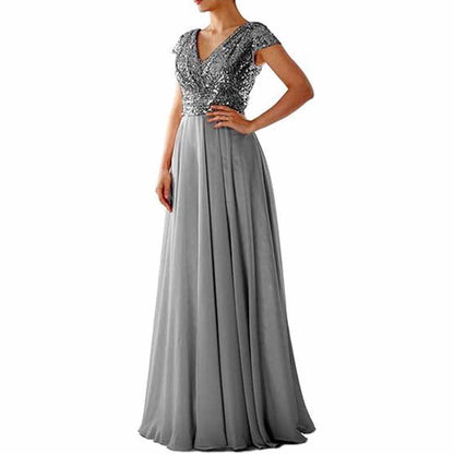 Sequined Bridesmaid Dress Cap Sleeved High Waisted Long Chiffon Prom Dress