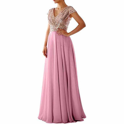 Sequined Bridesmaid Dress Cap Sleeved High Waisted Long Chiffon Prom Dress