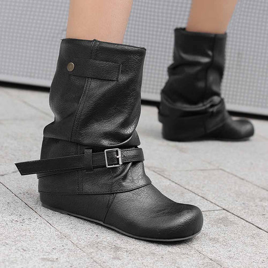 Black handmade wedge heel ankle boots with stylish buckle and slouchy design for modern fashion