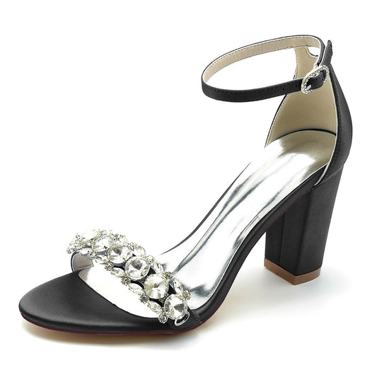 Women's Crystal Beads Chunky Heeled Sandals Satin Pump Prom Sandals