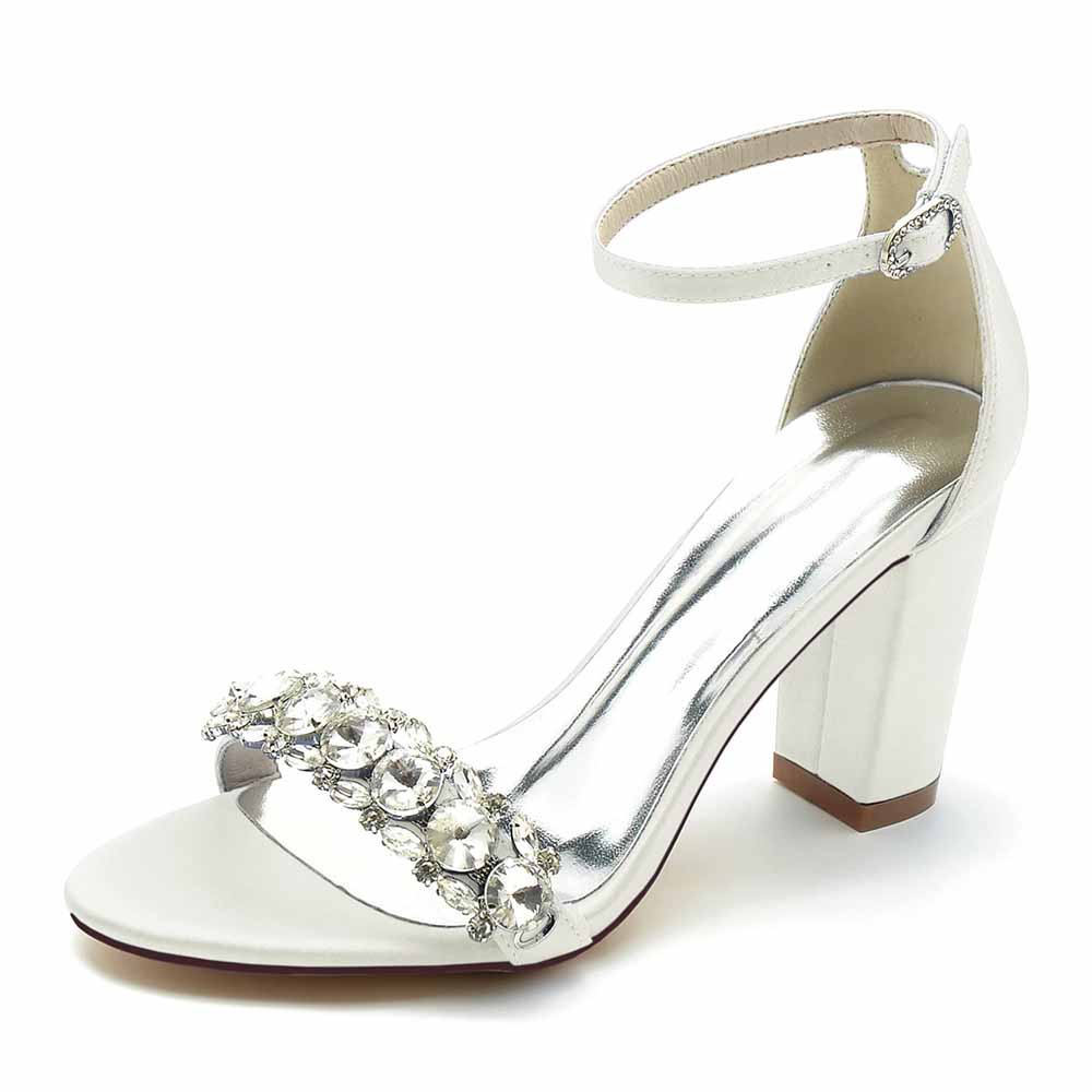 Women's Crystal Beads Chunky Heeled Sandals Satin Pump Prom Sandals
