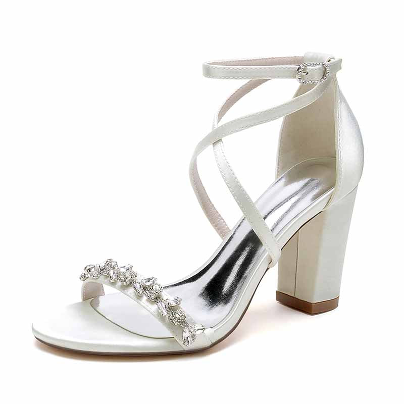 Satin Bridal Wedding Shoes Rhinestones High Heels Buckle Chunky Heels Ankle Strap Pointy Toe Pumps