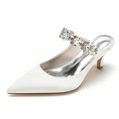 Low Heels Satin Pointed Toe Bridal Mules with Crystal Strap