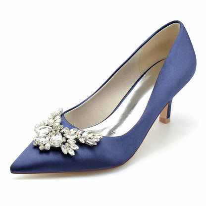Satin Low Heels Slip-On Pumps With Beaded Closed Toe Party Shoes