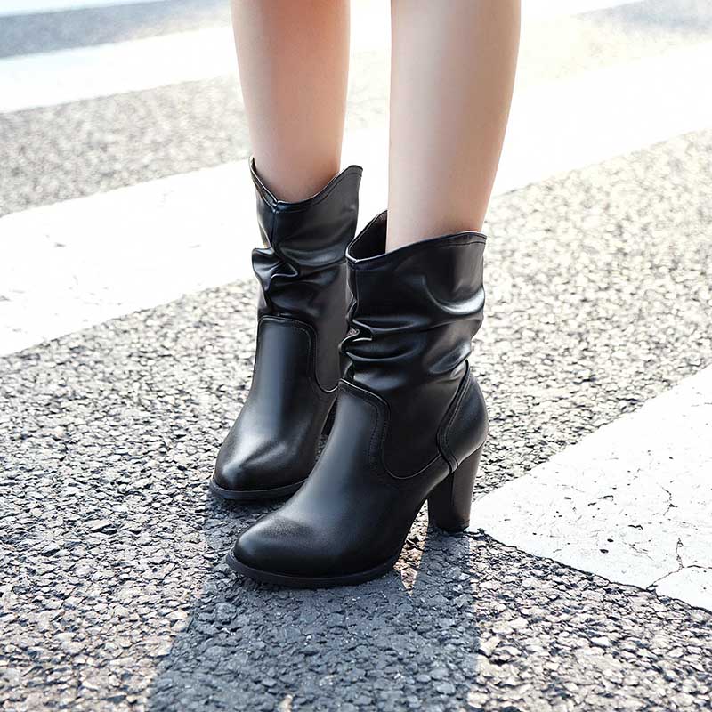 Womens Wide Calf Ankle Boots Thick Heel British Style Slip On Vintage Short Boots