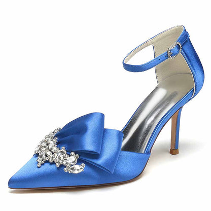 Satin Heels Ankle Strap Pumps With Beaded Closed Toe Event Shoes