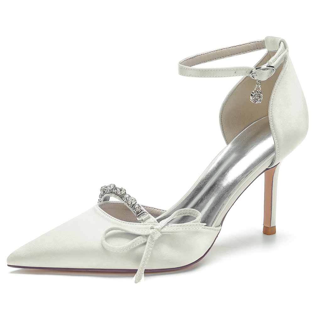 Satin Heels Ankle Strap Pumps With Beaded Party Heel Shoes