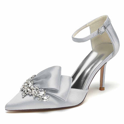 Satin Heels Ankle Strap Pumps With Beaded Closed Toe Event Shoes