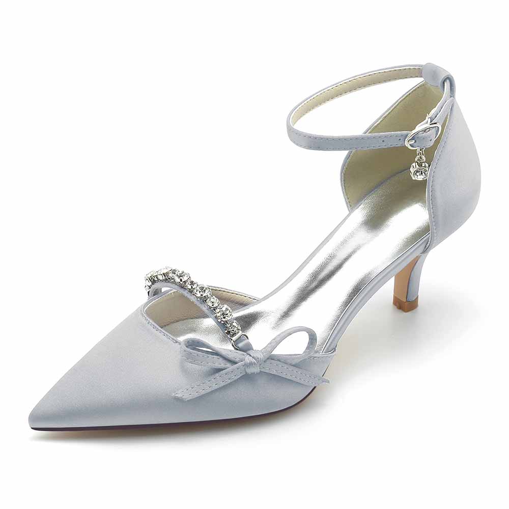 Low Heels Wedding Heels Satin Ankle Strap Shoes with Beaded Bridal Heels