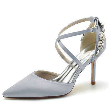 Beaded Wedding Satin Heels Crossed Strap Pumps Party Heels