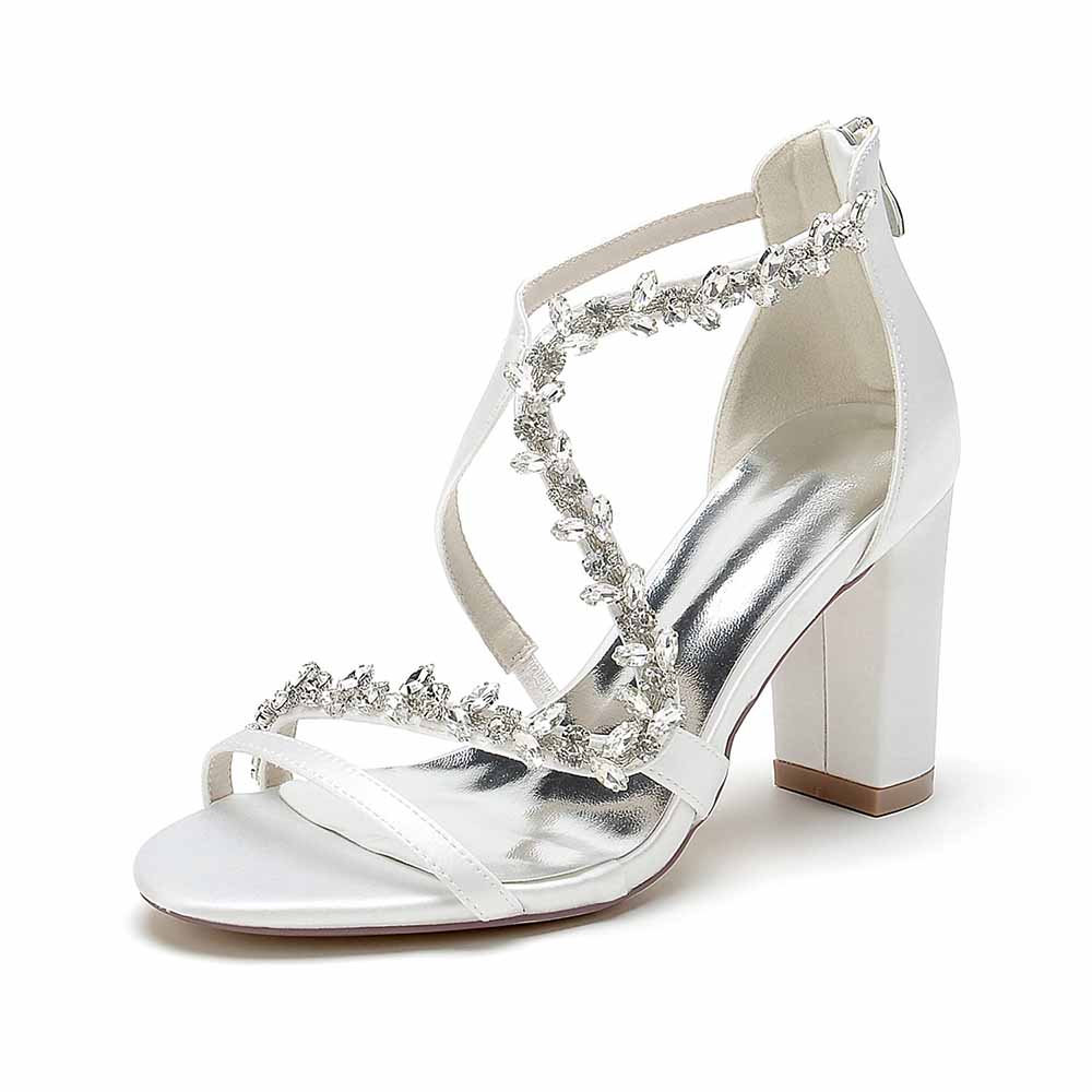 Women Rhinestones Heels Chunky Block Sandals X-Strap Prom Heels