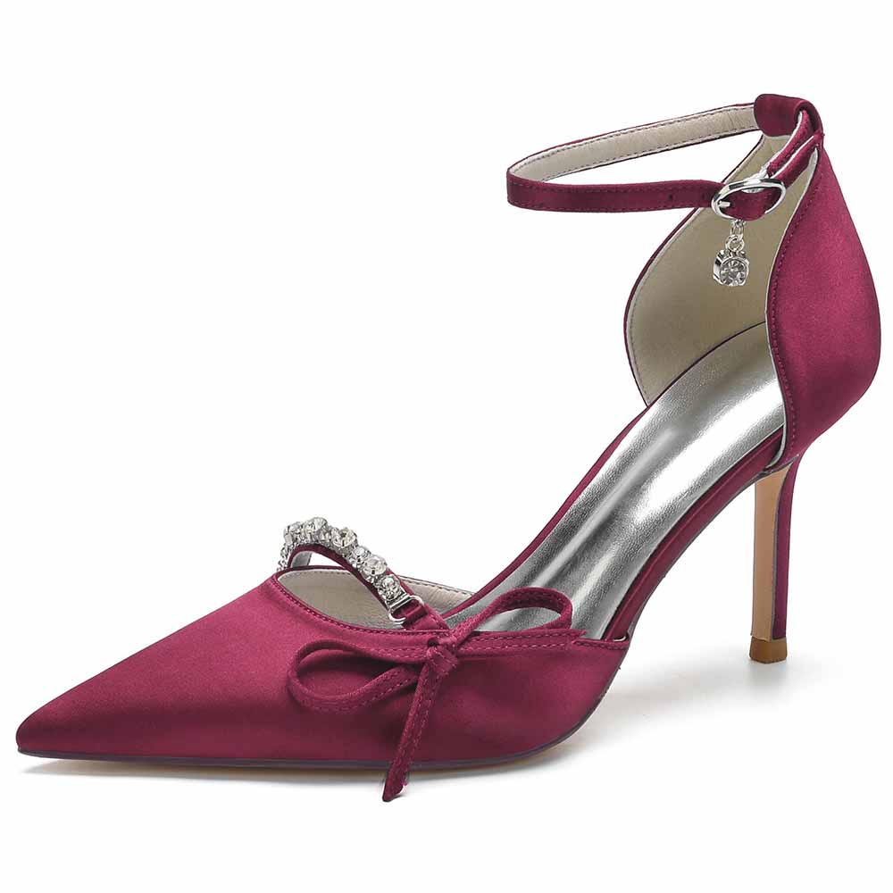 Satin Heels Ankle Strap Pumps With Beaded Party Heel Shoes