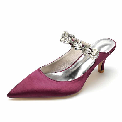 Low Heels Satin Pointed Toe Bridal Mules with Crystal Strap