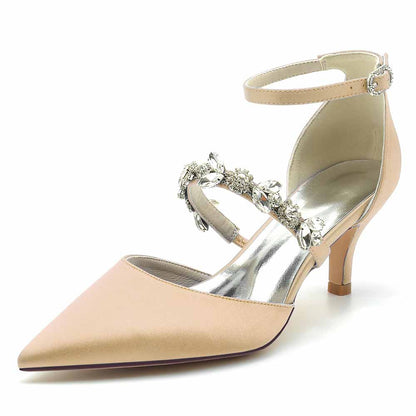 Low Heels Beaded Wedding Satin Heels Ankle Strap Pumps Party Heels