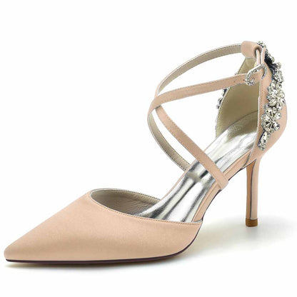 Beaded Wedding Satin Heels Crossed Strap Pumps Party Heels