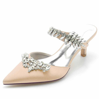 Low Heels Pointed Toe Bridal Mules with Crystal Strap
