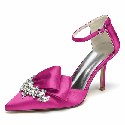 Satin Heels Ankle Strap Pumps With Beaded Closed Toe Event Shoes