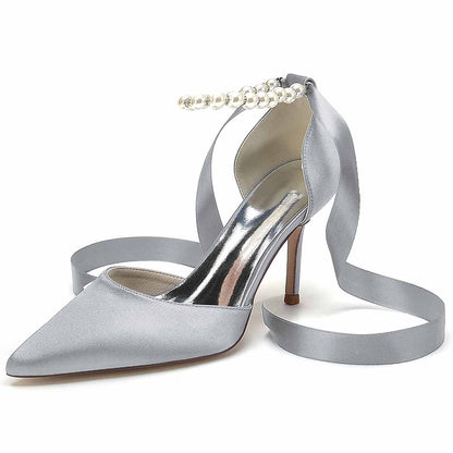 Bride Heels Satin Ankle Strap Pumps With Pearls Party Heel Shoes