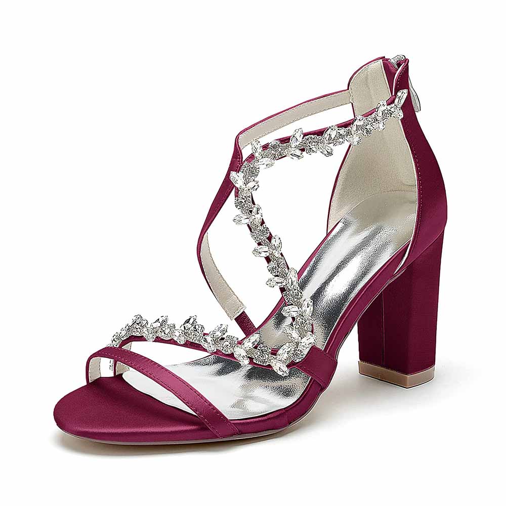 Women Rhinestones Heels Chunky Block Sandals X-Strap Prom Heels