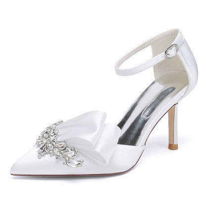 Satin Heels Ankle Strap Pumps With Beaded Closed Toe Event Shoes