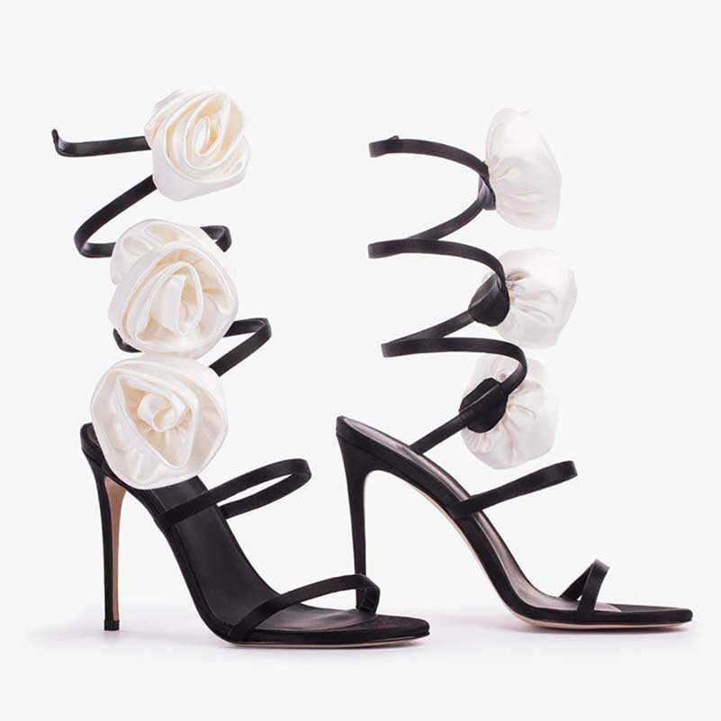 Women Flower Shoes Satin Sandals High Heeled Pumps